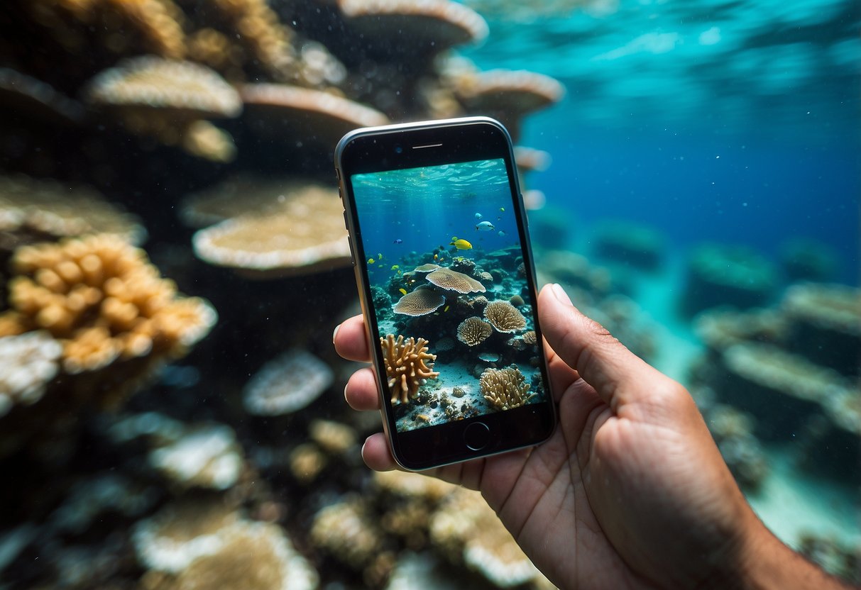 Vibrant coral and sea creatures populate a clear, turquoise reef. A snorkeler uses a phone to access 10 top apps for underwater exploration