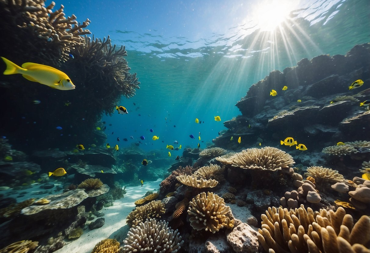 A colorful underwater reef with various marine life, clear blue water, and snorkeling equipment