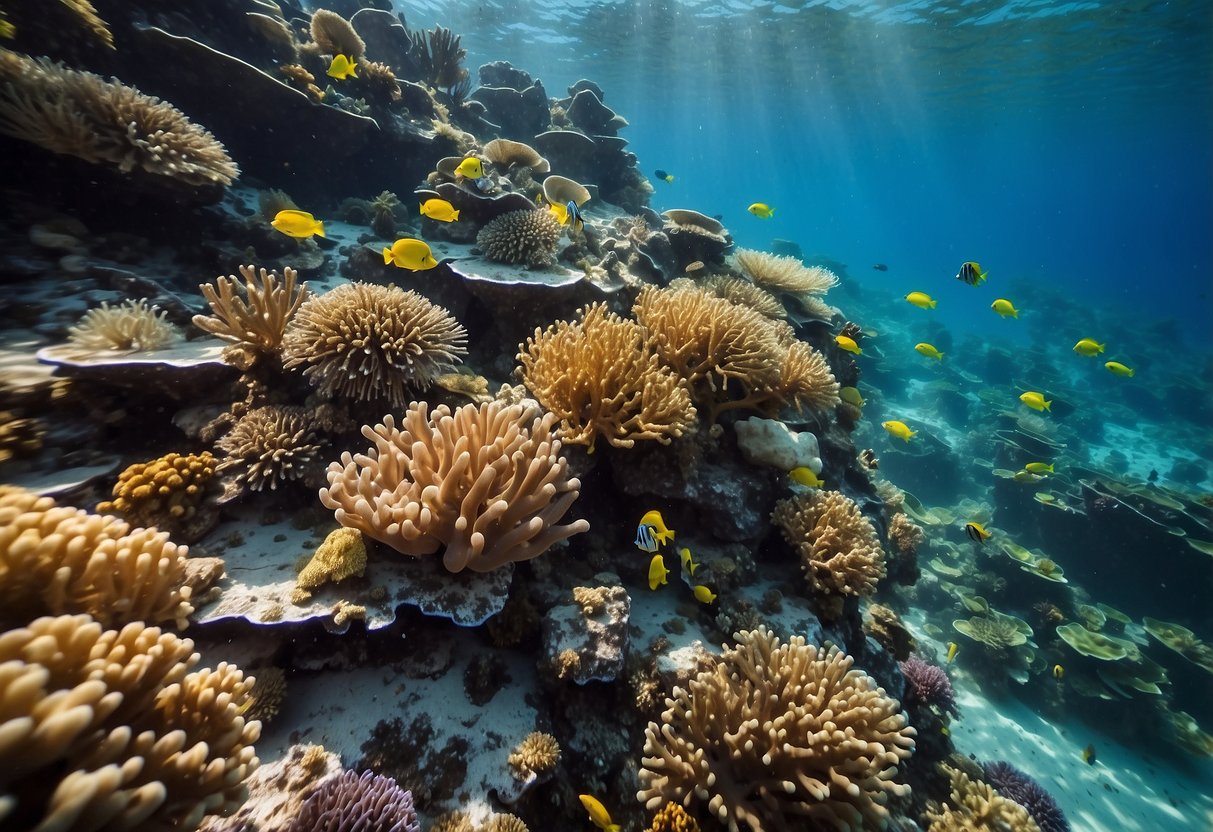 The scene shows a colorful coral reef with diverse marine life, clear blue water, and snorkelers exploring the underwater world