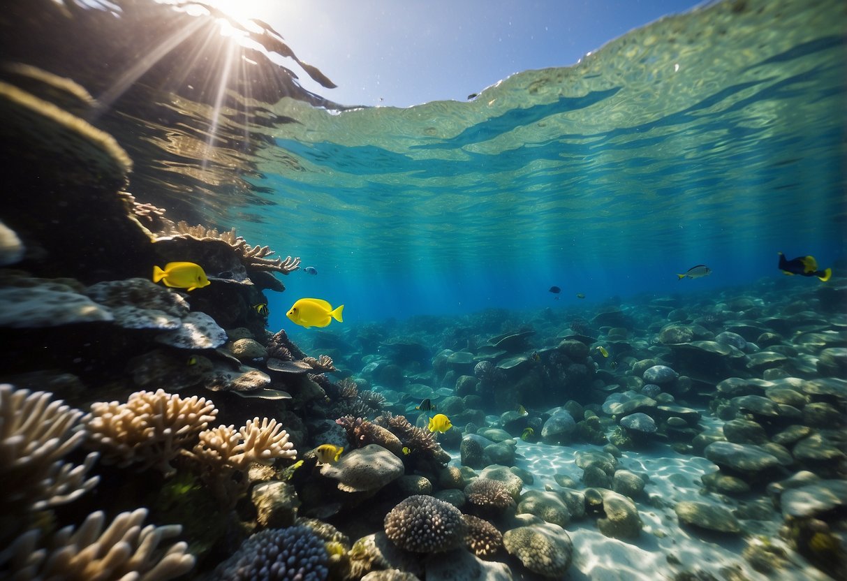 Crystal clear water with vibrant coral reefs and colorful fish. A snorkeler uses the SnorkelMate app to identify marine life and navigate the underwater world