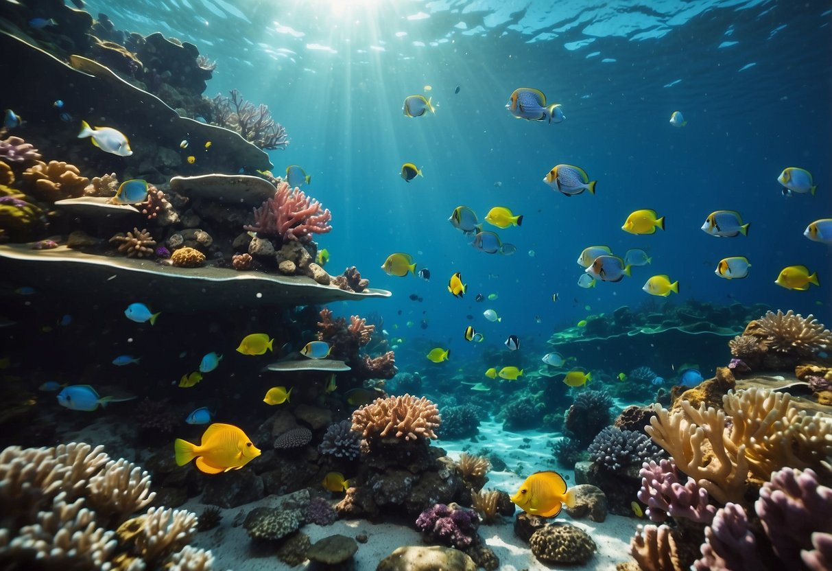 A colorful underwater scene with coral reefs, tropical fish, and crystal-clear waters, surrounded by a serene and peaceful atmosphere