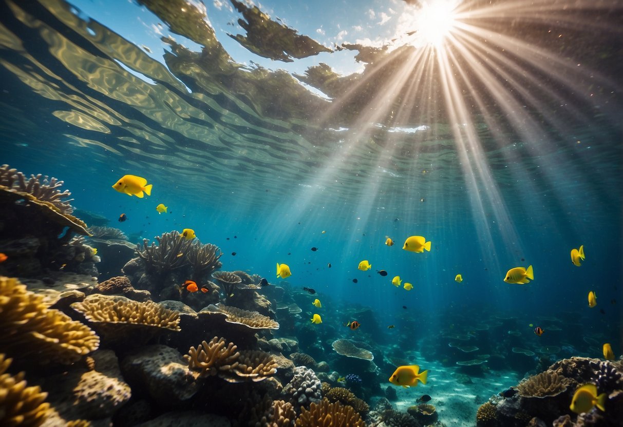 Crystal clear water, colorful coral reefs, and schools of tropical fish. Sunlight streaming through the surface, creating a mesmerizing underwater world