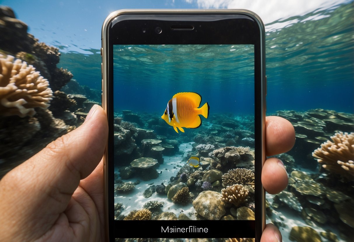 Crystal clear water, vibrant coral reefs, colorful fish, and a snorkeler using the SnorkelBuddy app to identify marine life