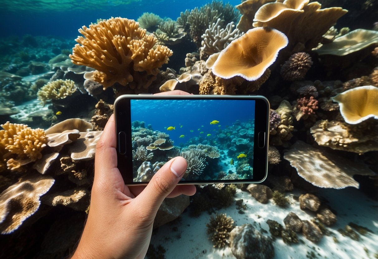 Crystal-clear water, colorful coral reefs, and a variety of fish species swimming in harmony. The FishFinder Pro app displayed on a smartphone, with snorkelers exploring the underwater world