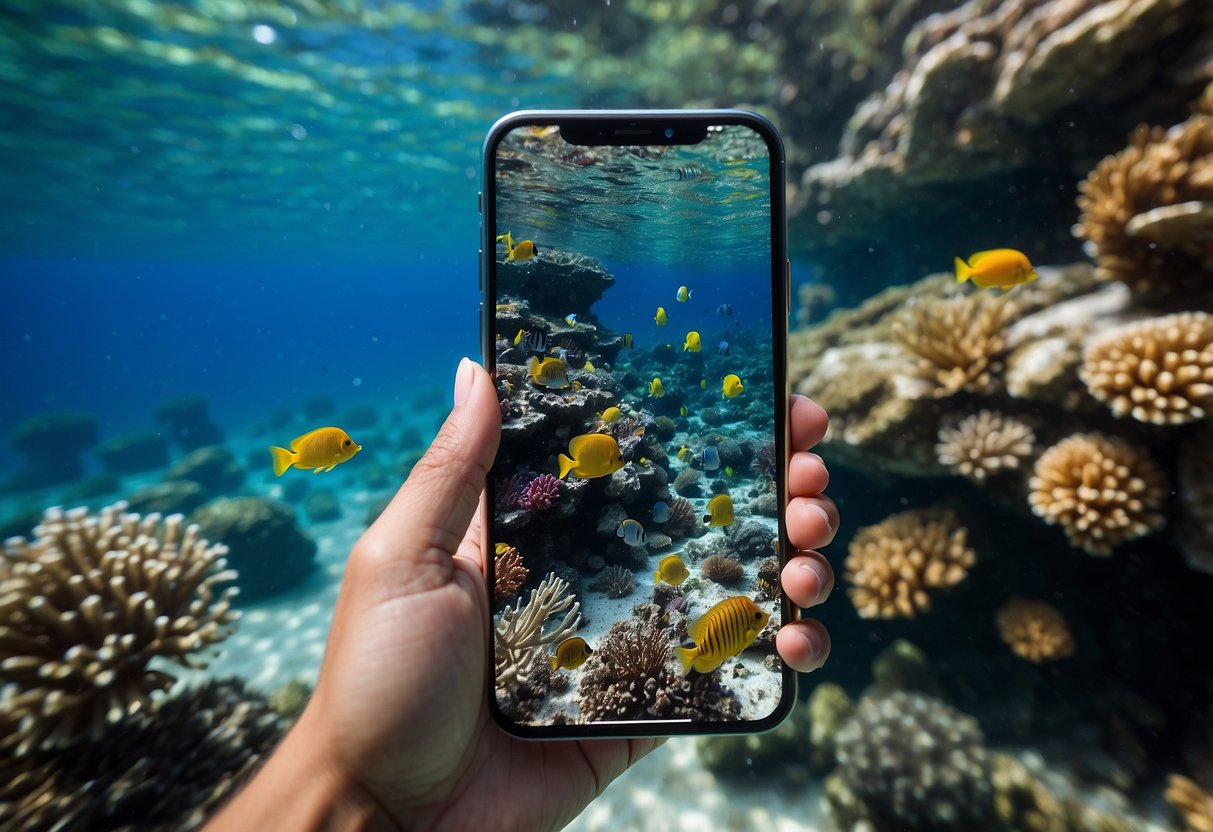 A colorful underwater scene with coral reefs, tropical fish, and crystal-clear water. A snorkeler uses a smartphone with snorkeling apps displayed on the screen