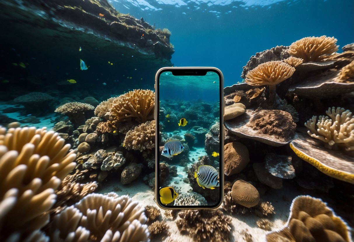 Crystal clear waters with colorful coral reefs, exotic fish, and underwater creatures. A snorkeler exploring the ocean floor with a mobile device displaying the top 10 snorkeling apps