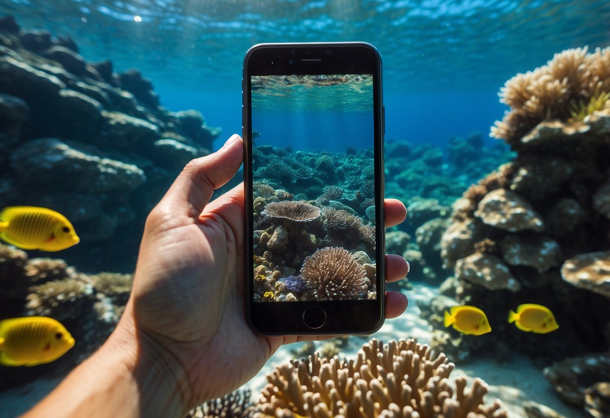 Crystal clear water with colorful coral reefs and exotic fish. A snorkeler using a smartphone to access snorkeling apps. Sunshine illuminates the underwater scene