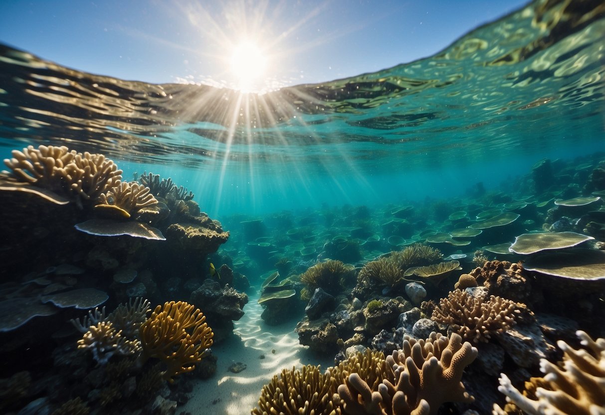 Crystal-clear water, colorful coral reefs, and an abundance of marine life. Sunlight streaming through the water, creating a mesmerizing underwater world. A calm and tranquil environment, perfect for snorkeling