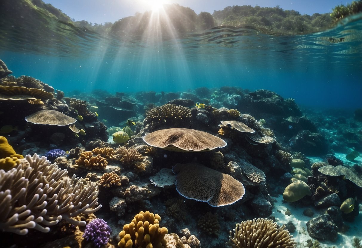 A vibrant coral reef teeming with colorful fish, sea turtles, and other marine creatures. Crystal-clear water and diverse underwater landscapes make for the perfect snorkeling spot