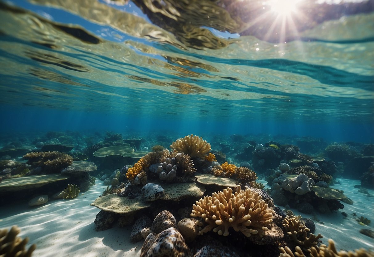 Crystal-clear water with colorful coral reefs and diverse marine life. Gentle waves and a calm current create ideal snorkeling conditions. Sunlight filters through the water, illuminating the underwater world