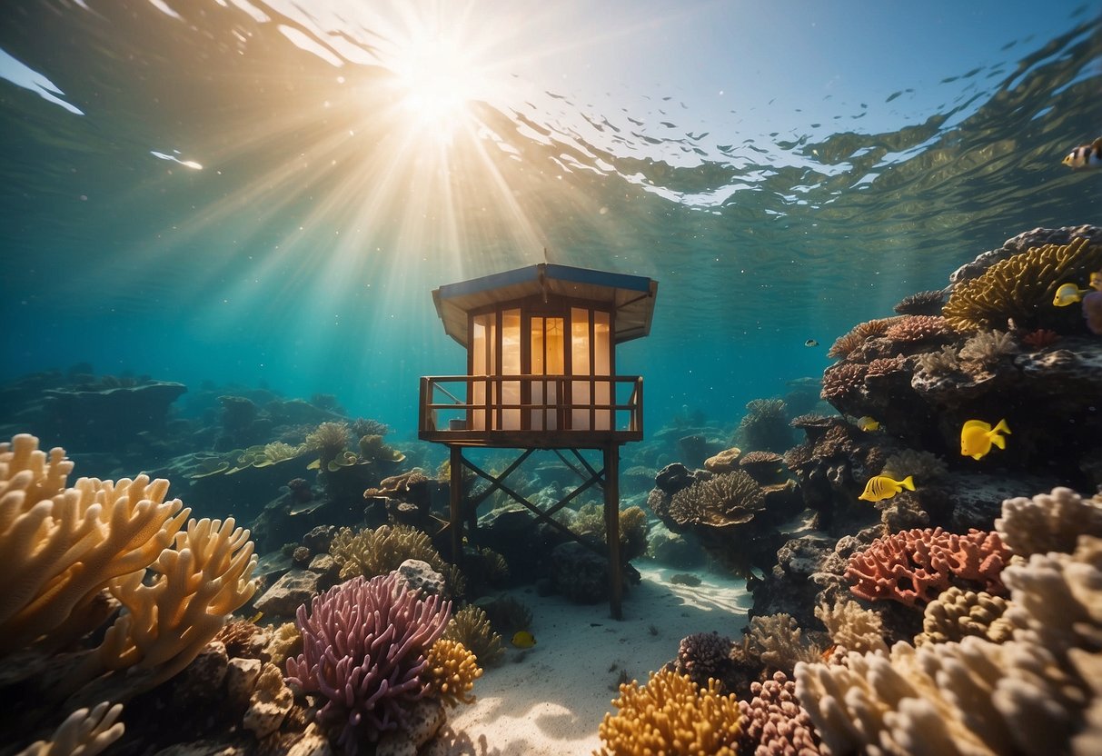 A clear, calm ocean with colorful coral and abundant marine life. A visible lifeguard station on the shore. Sunlight streaming through the water