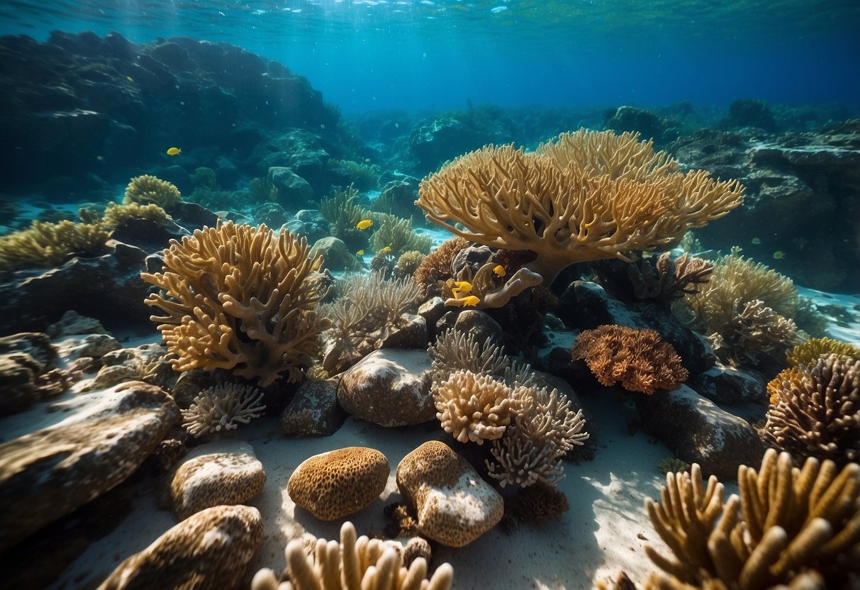 Crystal clear waters, vibrant coral reefs, calm ocean surface, gentle waves, colorful marine life, sandy ocean floor, and plenty of sunlight