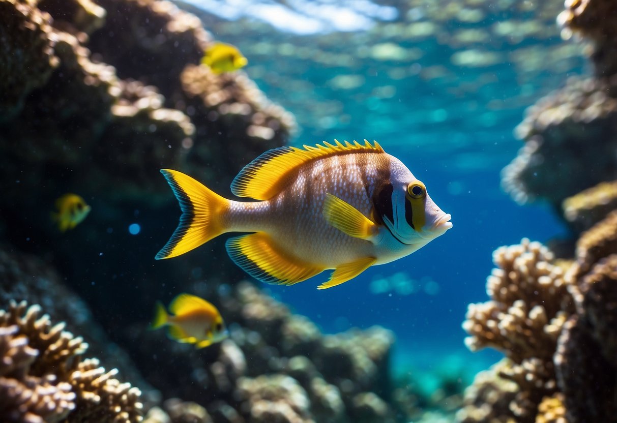 Crystal clear water with vibrant coral reefs and colorful fish. A snorkeler explores the underwater world, surrounded by marine life. Sunlight filters through the water, creating a magical and serene atmosphere