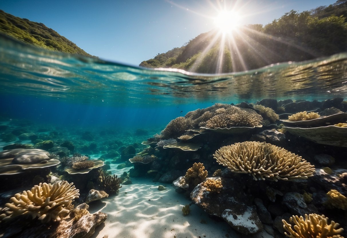 Crystal-clear water, vibrant coral reefs, and abundant marine life. A secluded cove with calm waters and minimal boat traffic. Sunlight filtering through the water, creating a mesmerizing underwater world