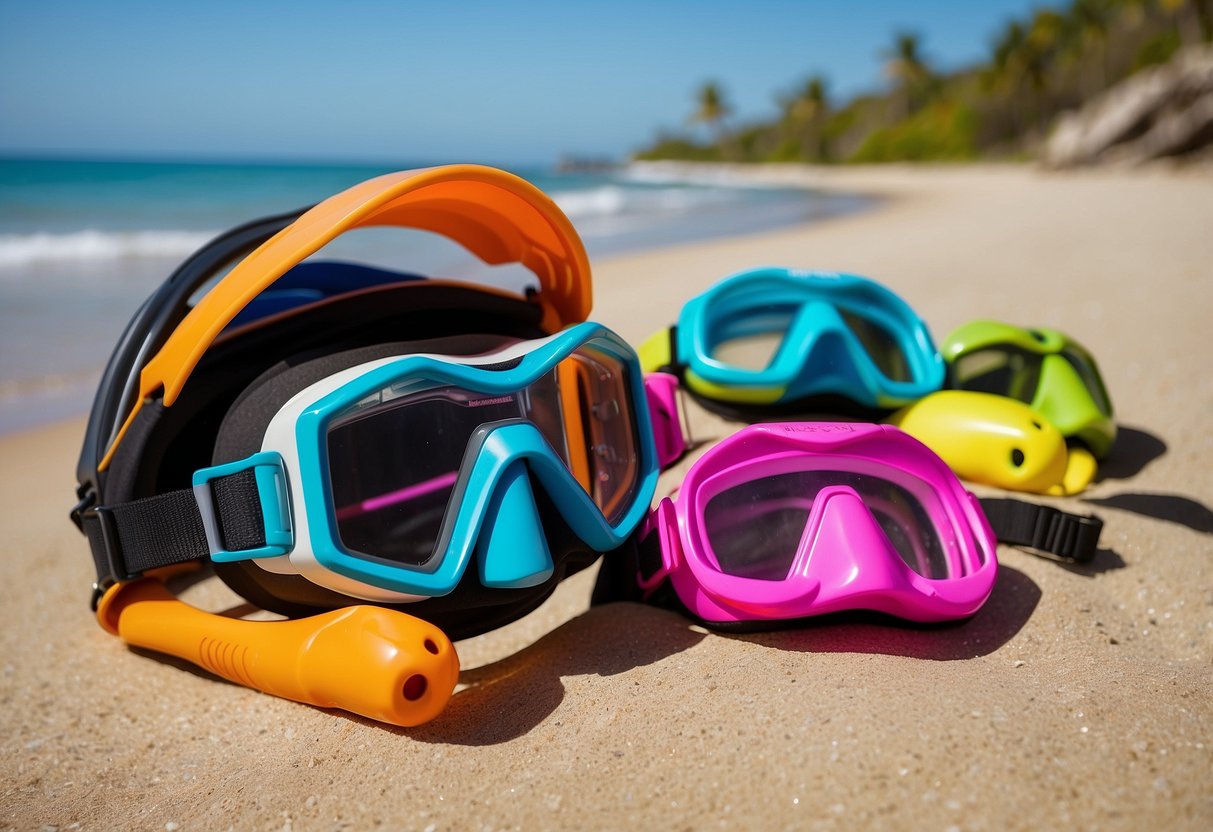 A woman's snorkeling set sits on a sandy beach, with colorful lightweight helmets arranged neatly next to the gear. The ocean waves gently crash in the background