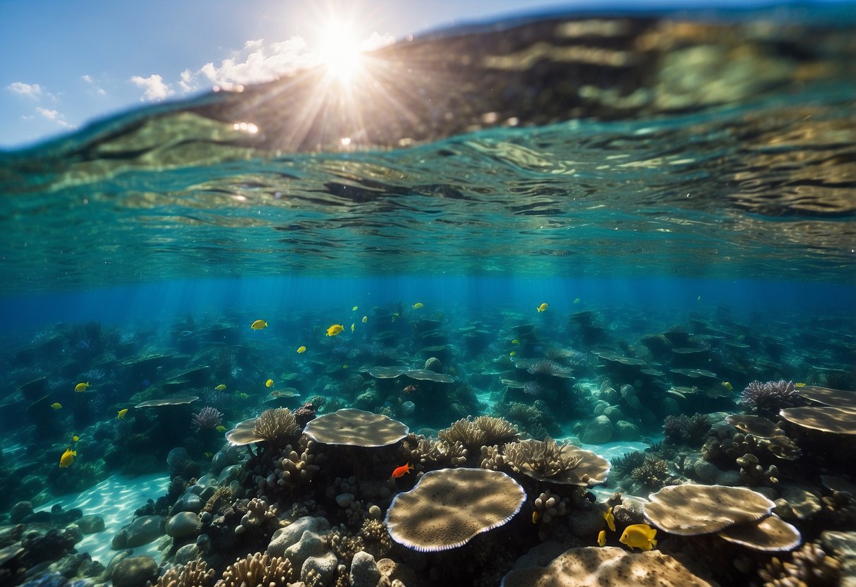 Crystal clear water, vibrant coral, and colorful fish surround the Ocean Reef Aria QR+ 5 lightweight snorkeling helmets for women