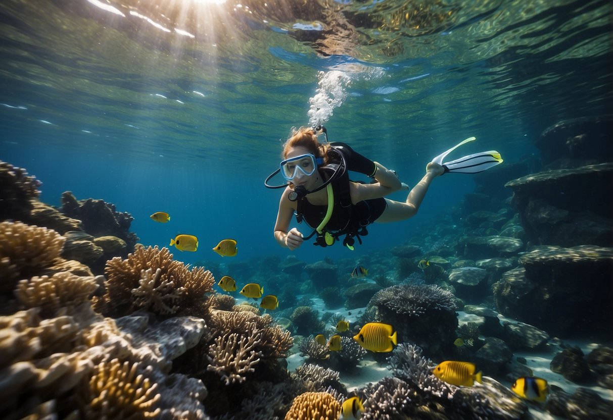 Crystal-clear ocean water with colorful coral reefs below. A woman snorkeling with a lightweight helmet, enjoying the underwater beauty