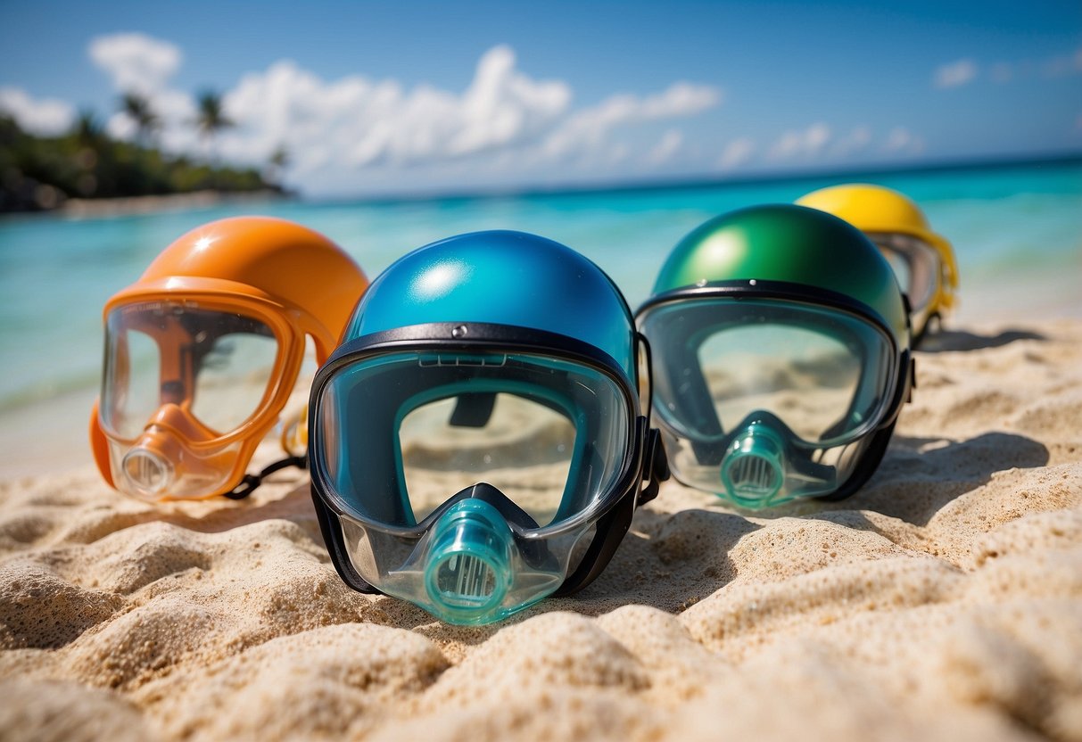 Crystal-clear waters surround colorful coral reefs. Five sleek, lightweight snorkeling helmets for women rest on a sandy beach, ready for adventure