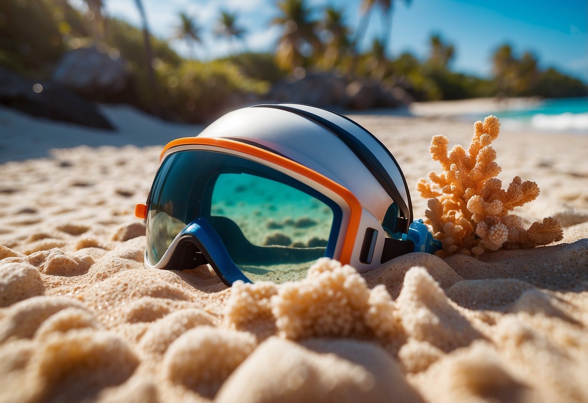 A woman's snorkeling helmet lying on a sandy beach, surrounded by colorful coral and tropical fish. The sun is shining, and the water is crystal clear