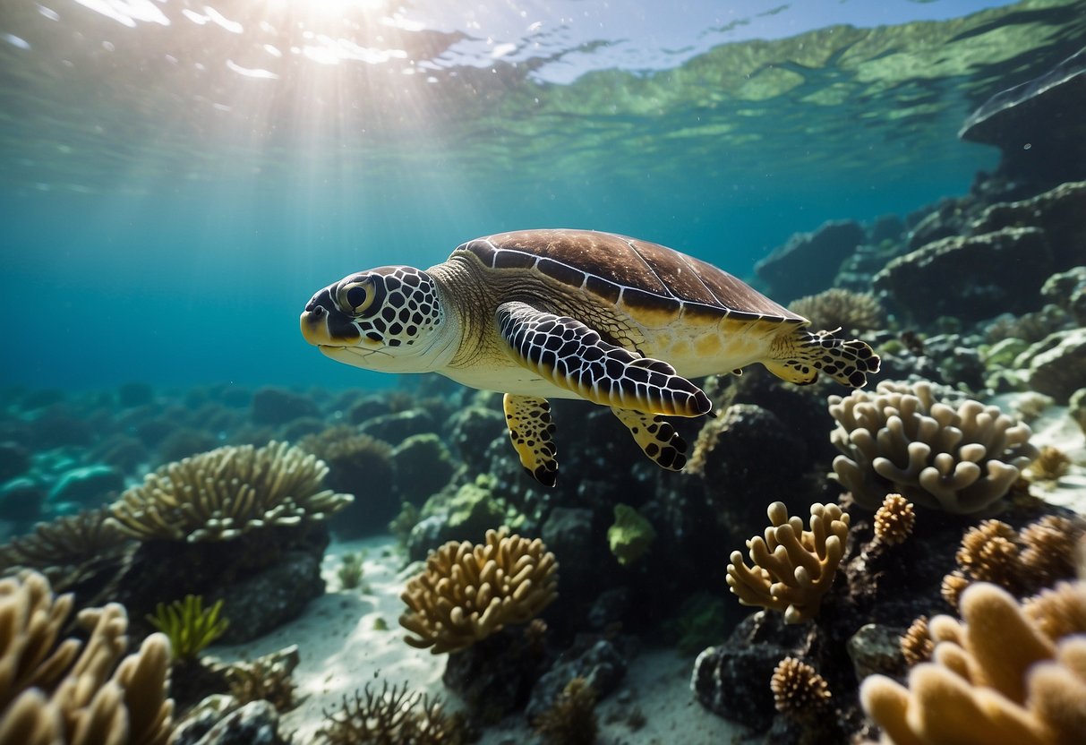 Crystal-clear waters teeming with colorful coral and marine life. Lush green islands dotting the horizon. Sunlight dancing on the surface