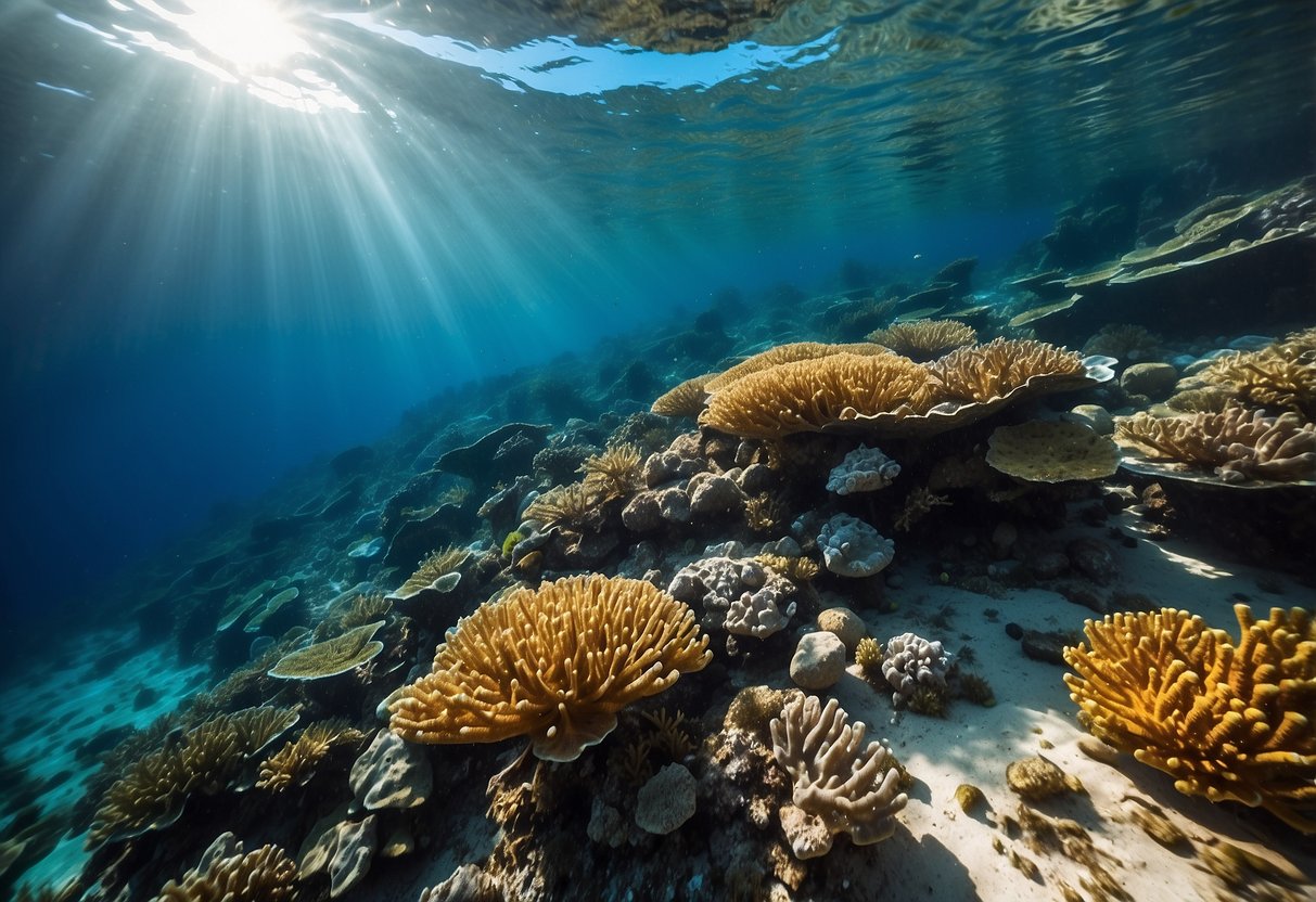 Crystal-clear waters teeming with vibrant coral and marine life, surrounded by towering limestone cliffs and lush greenery. Sunlight dances on the surface, illuminating the underwater world below