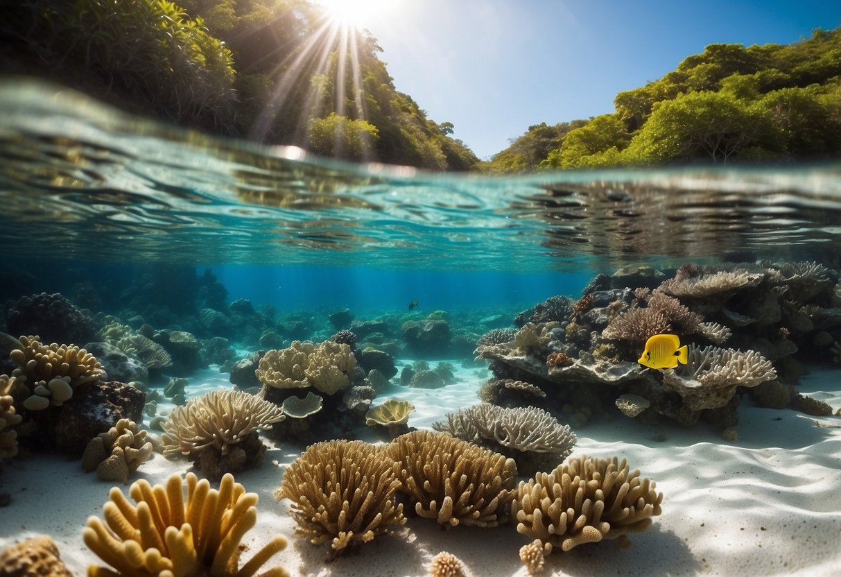 Crystal clear waters, colorful coral reefs, and diverse marine life. Snorkeling gear laid out on a white sandy beach, with lush greenery in the background