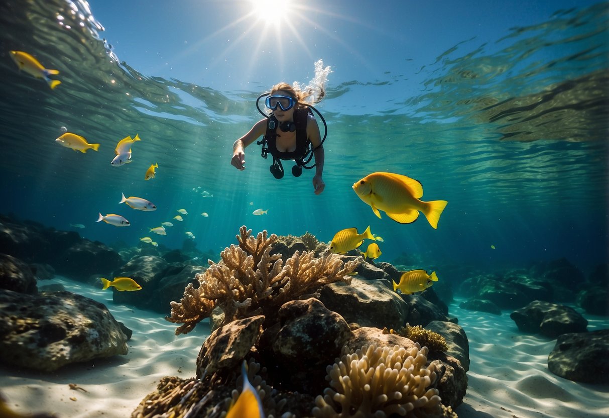 Sunlight filters through clear water, illuminating colorful fish and coral. A snorkeler collects plastic waste in a mesh bag, while others use reusable water bottles and biodegradable sunscreen