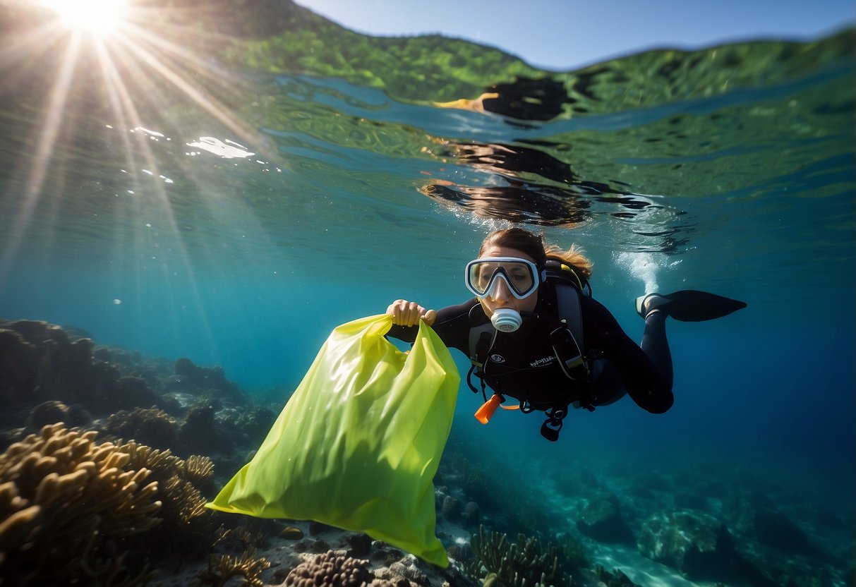 A snorkeler holds a reusable waste bag underwater, collecting trash. The ocean floor is visible with colorful coral and marine life. Sunshine illuminates the scene