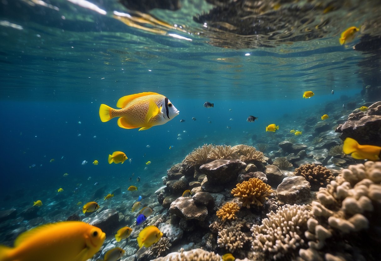 Underwater scene with colorful coral and fish. Plastic waste floating in the water. A snorkel and mask discarded on the ocean floor