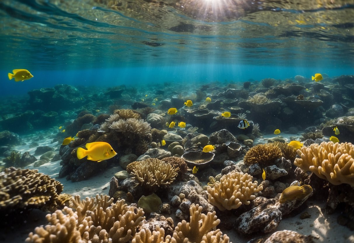 Crystal-clear water, vibrant coral, and colorful fish surround a snorkeler applying reef-safe sunscreen. Nearby, a reusable bag holds any waste collected during the eco-friendly snorkeling trip