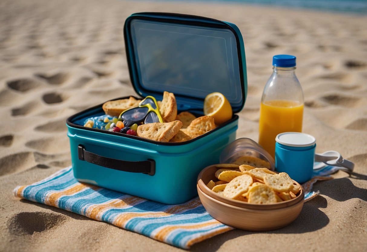 Snacks packed in reusable containers on a beach towel with snorkeling gear nearby