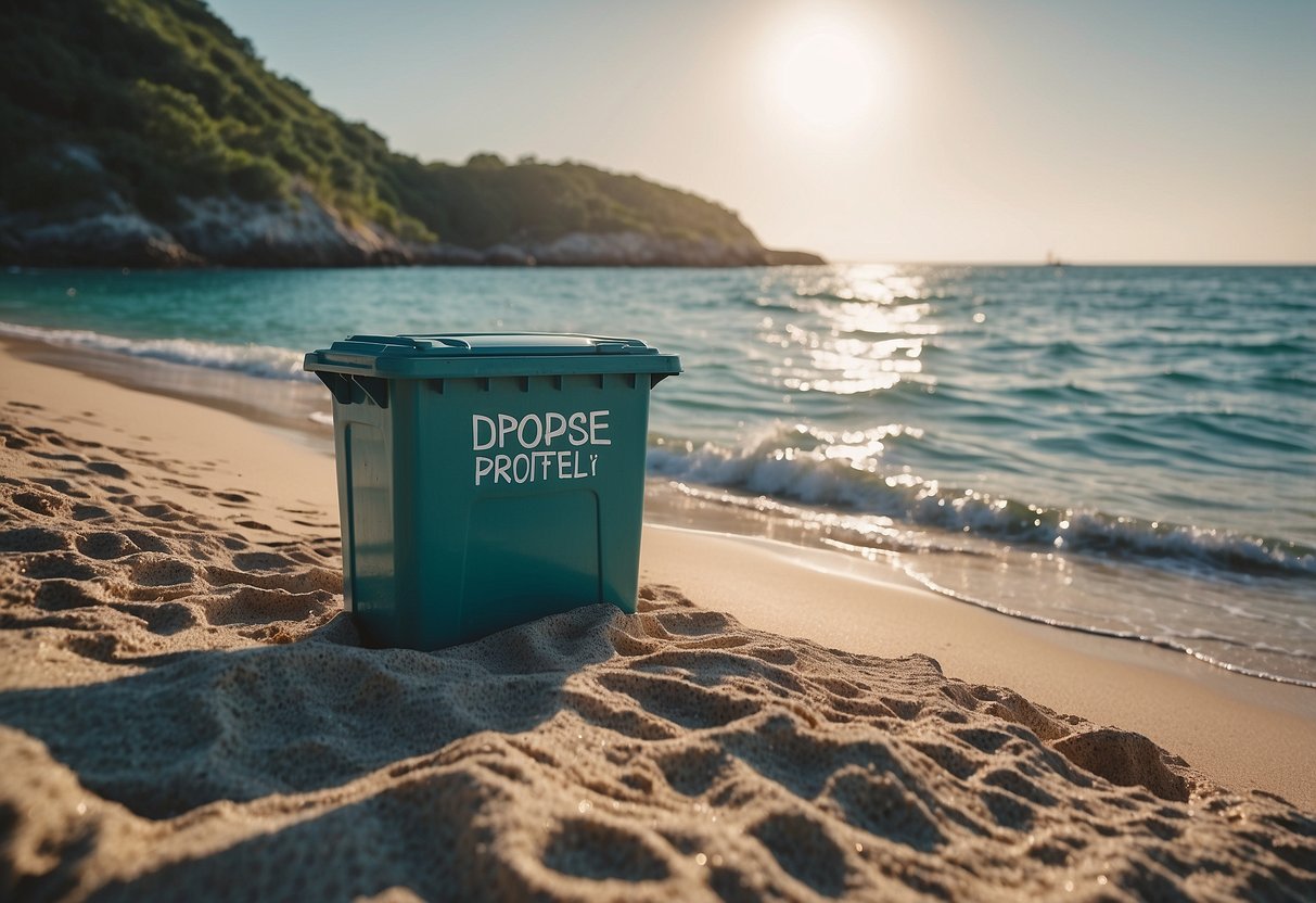 A beach with a trash bin and a sign saying "Dispose of trash properly." Crystal clear water with snorkelers and marine life visible below