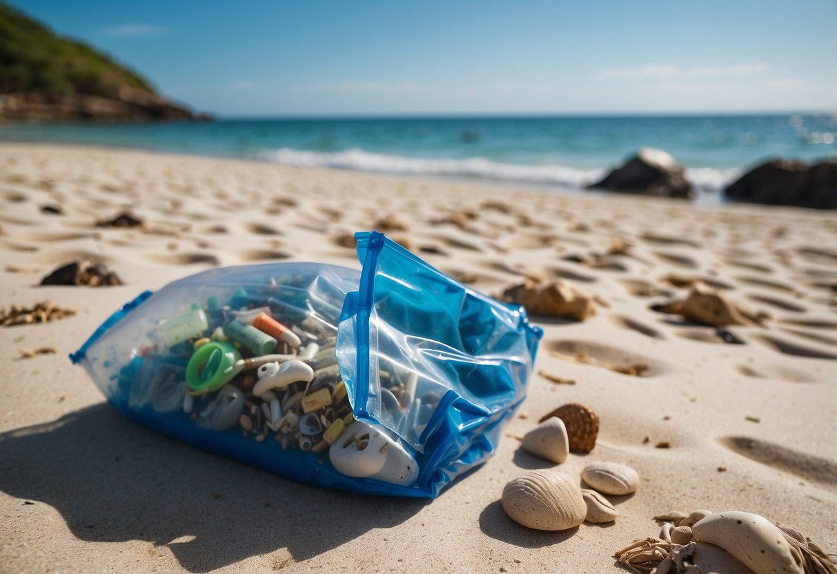 A sandy beach with scattered plastic bags, bottles, and debris. Snorkeling gear and waste management tools are visible nearby. Blue ocean waves in the background