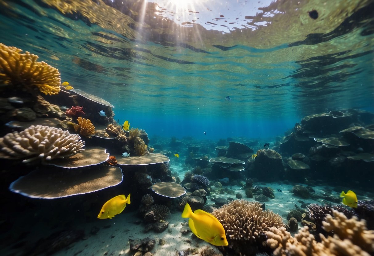 Underwater scene with colorful coral and marine life. Floating waste like plastic bags and bottles. Signage with "7 Tips for Managing Waste While Snorkeling" visible