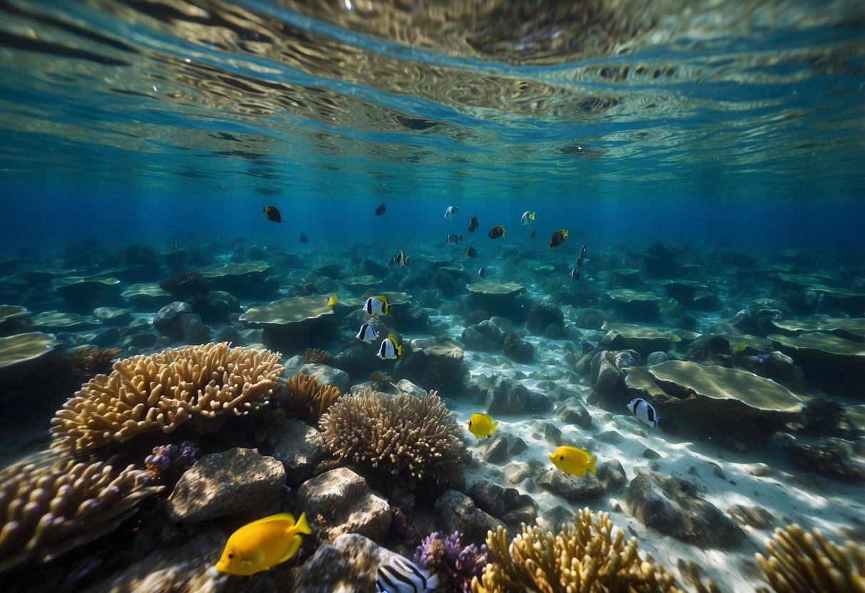 Crystal-clear water teeming with colorful marine life, with snorkelers disposing of waste properly. Tips for managing waste are displayed nearby