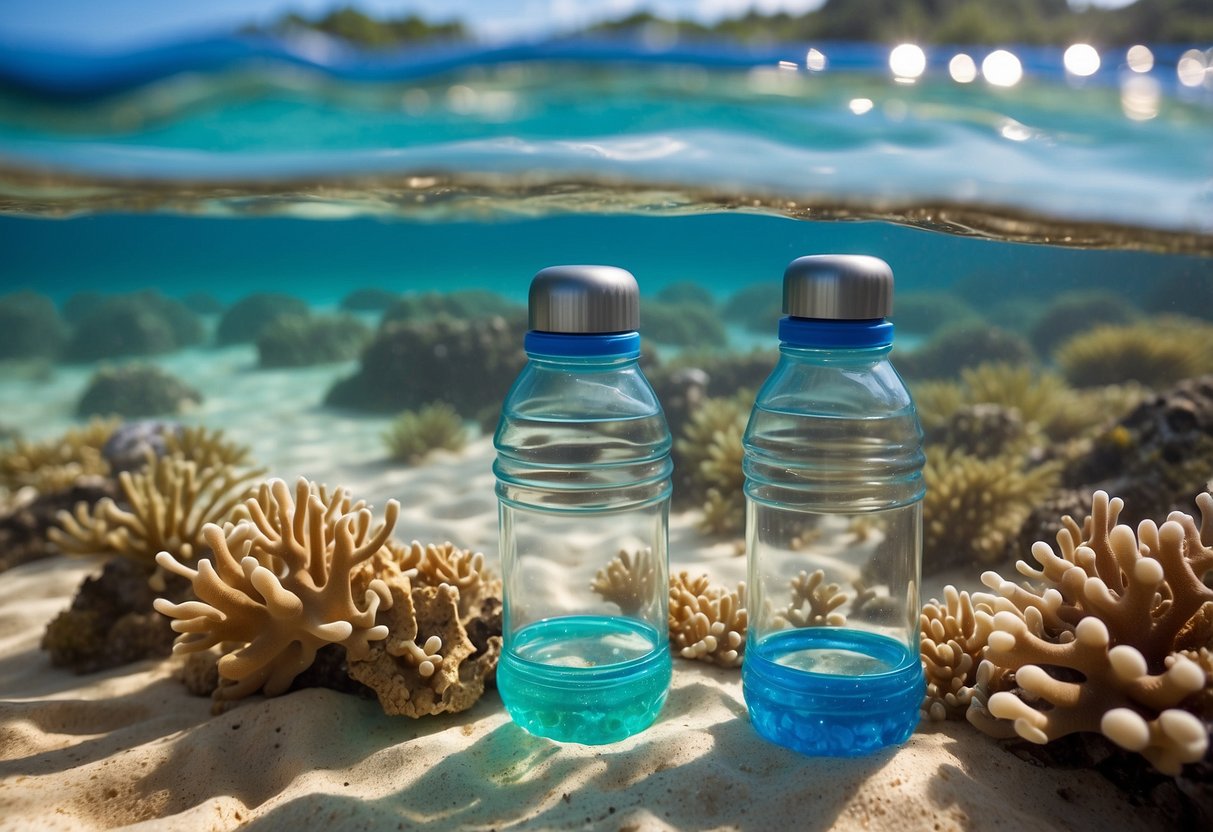 Crystal-clear ocean water with colorful coral reefs and marine life. Snorkel gear and reusable water bottles on a clean, sandy beach. No plastic waste in sight