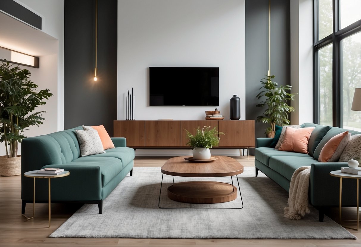 A modern living room with sleek, minimalist furniture and pops of bold color. Clean lines and geometric shapes create a contemporary and inviting space