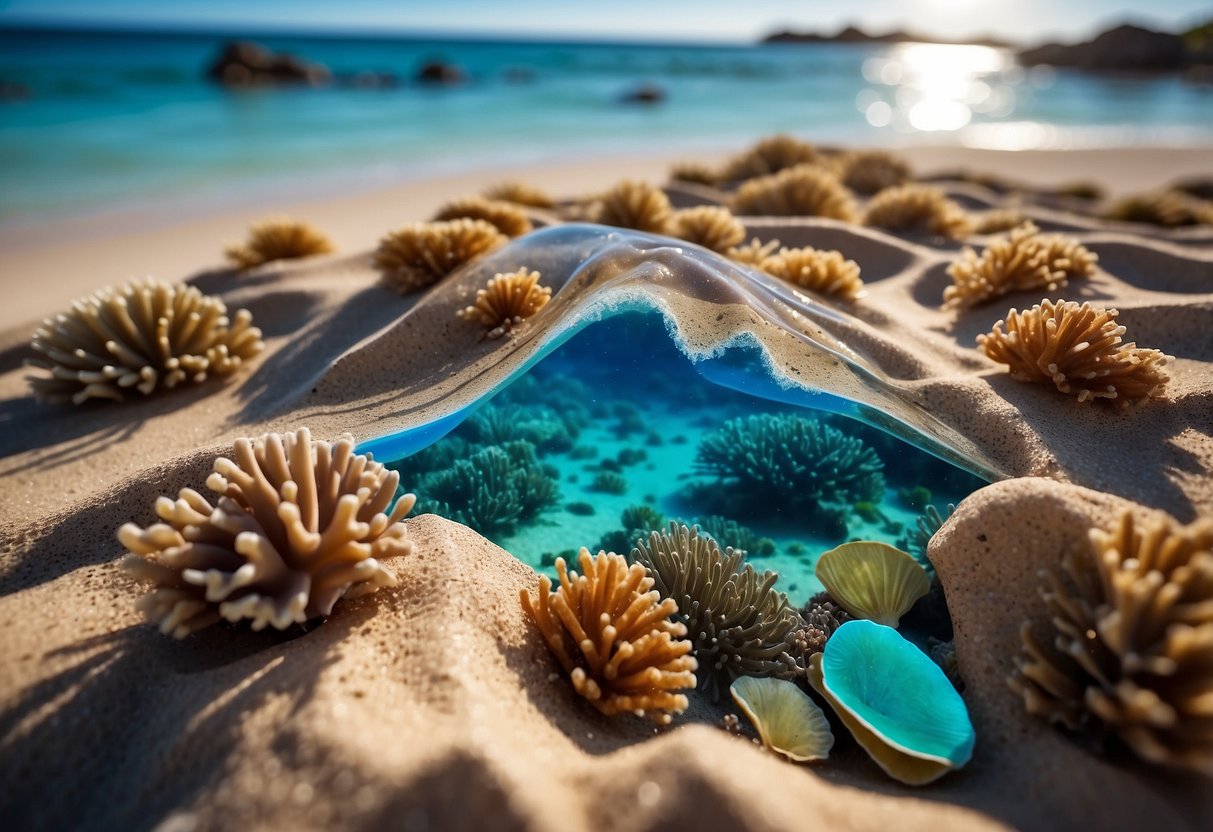 Crystal-clear waters, colorful coral reefs, and essential snorkeling gear laid out on a sandy beach. A map of Australia with five top snorkeling destinations highlighted in vibrant colors