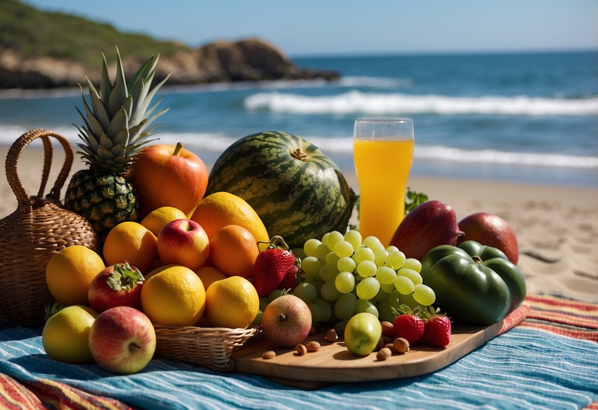 Colorful array of fruits, vegetables, and grains displayed on a picnic blanket near a beach. Snorkel gear and a clear blue ocean in the background