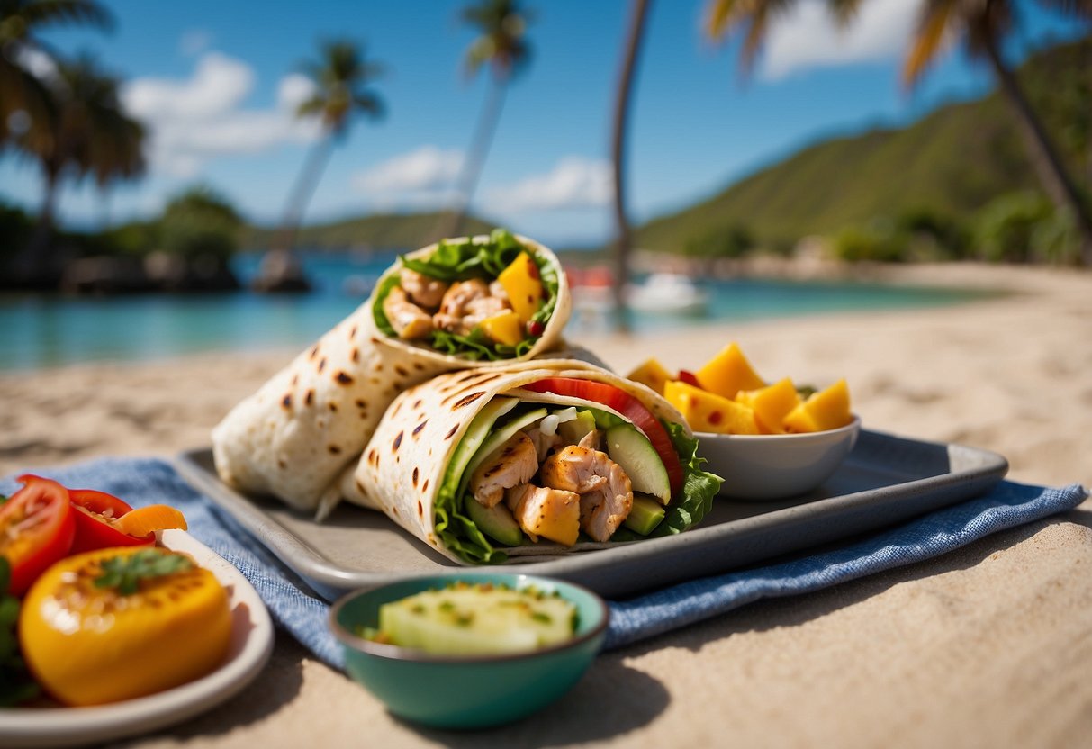 A colorful grilled chicken and veggie wrap surrounded by snorkeling gear and a tropical beach backdrop