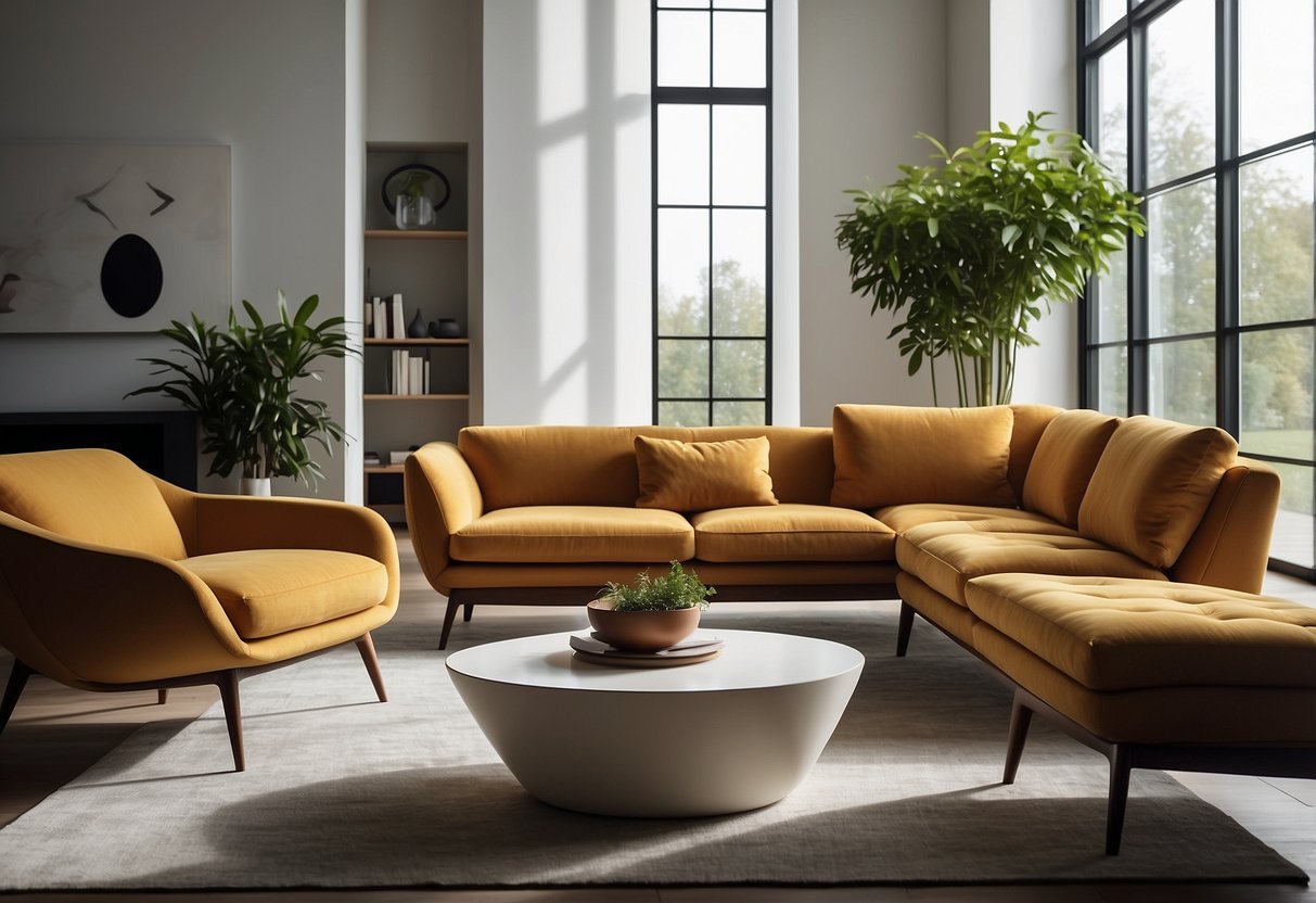 Sleek, minimalist furniture arranged in a spacious, sunlit living room. Clean lines, bold colors, and innovative designs create a modern, inviting atmosphere