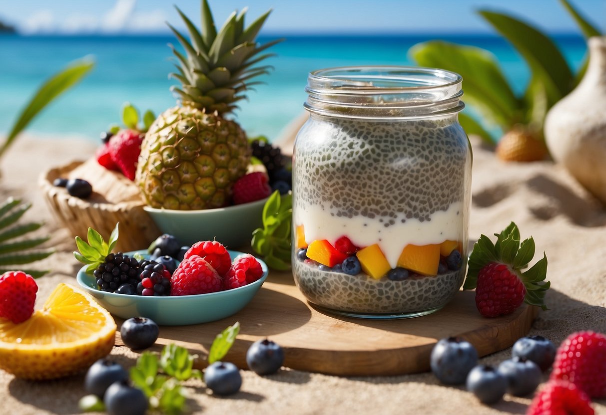 A glass jar filled with chia seed pudding topped with a colorful assortment of fresh berries, set against a backdrop of snorkeling gear and a tropical beach scene