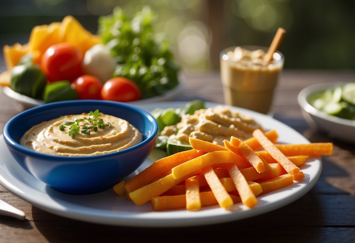 A plate of hummus sits next to a colorful array of veggie sticks. The sun shines down on the spread, with a snorkeling mask and fins in the background