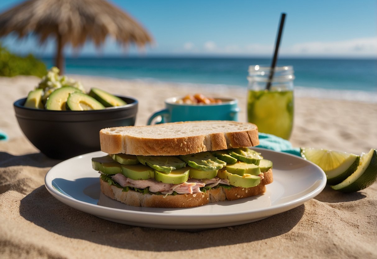 A turkey and avocado sandwich on a plate surrounded by lightweight snorkeling gear and a scenic beach backdrop