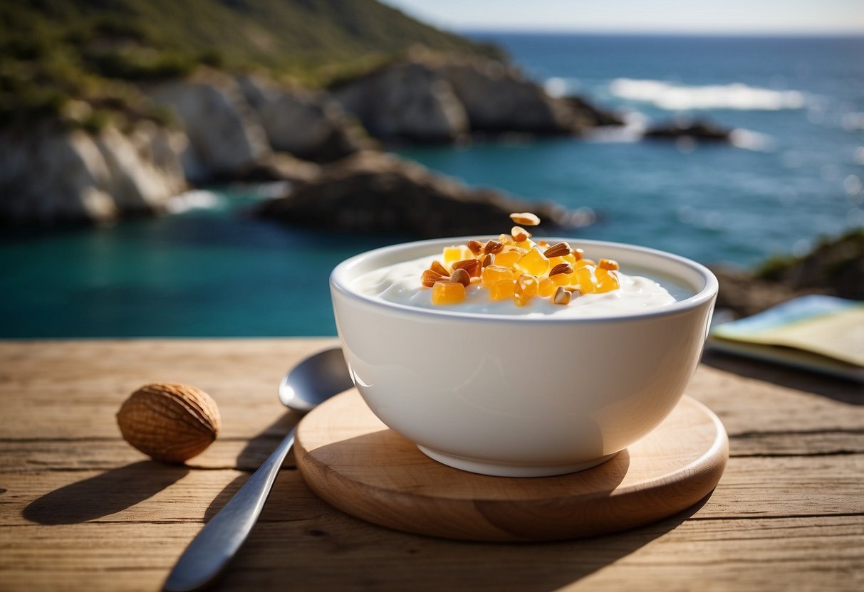 A bowl of Greek yogurt topped with honey and almonds sits on a wooden table, surrounded by snorkeling gear and a map of the ocean