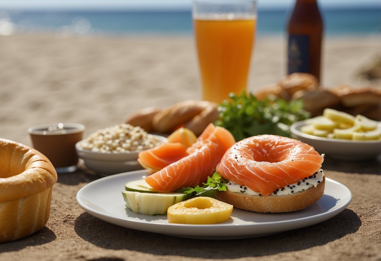 A bagel topped with smoked salmon and cream cheese sits on a plate, surrounded by lightweight and nutritious snacks. The backdrop suggests a beach or seaside setting for a snorkeling trip