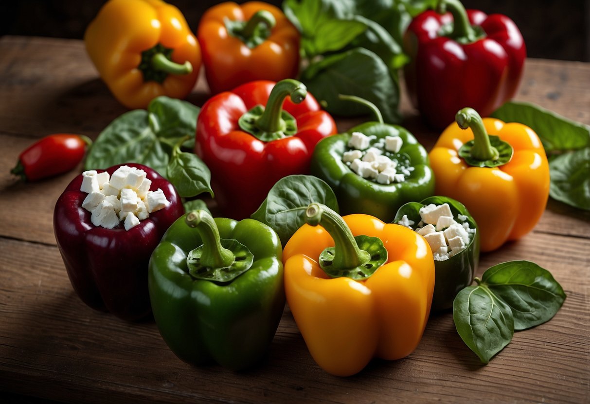 A colorful array of bell peppers, filled with spinach and feta, sit on a rustic wooden table. The vibrant ingredients hint at a nutritious and satisfying meal option for snorkeling trips