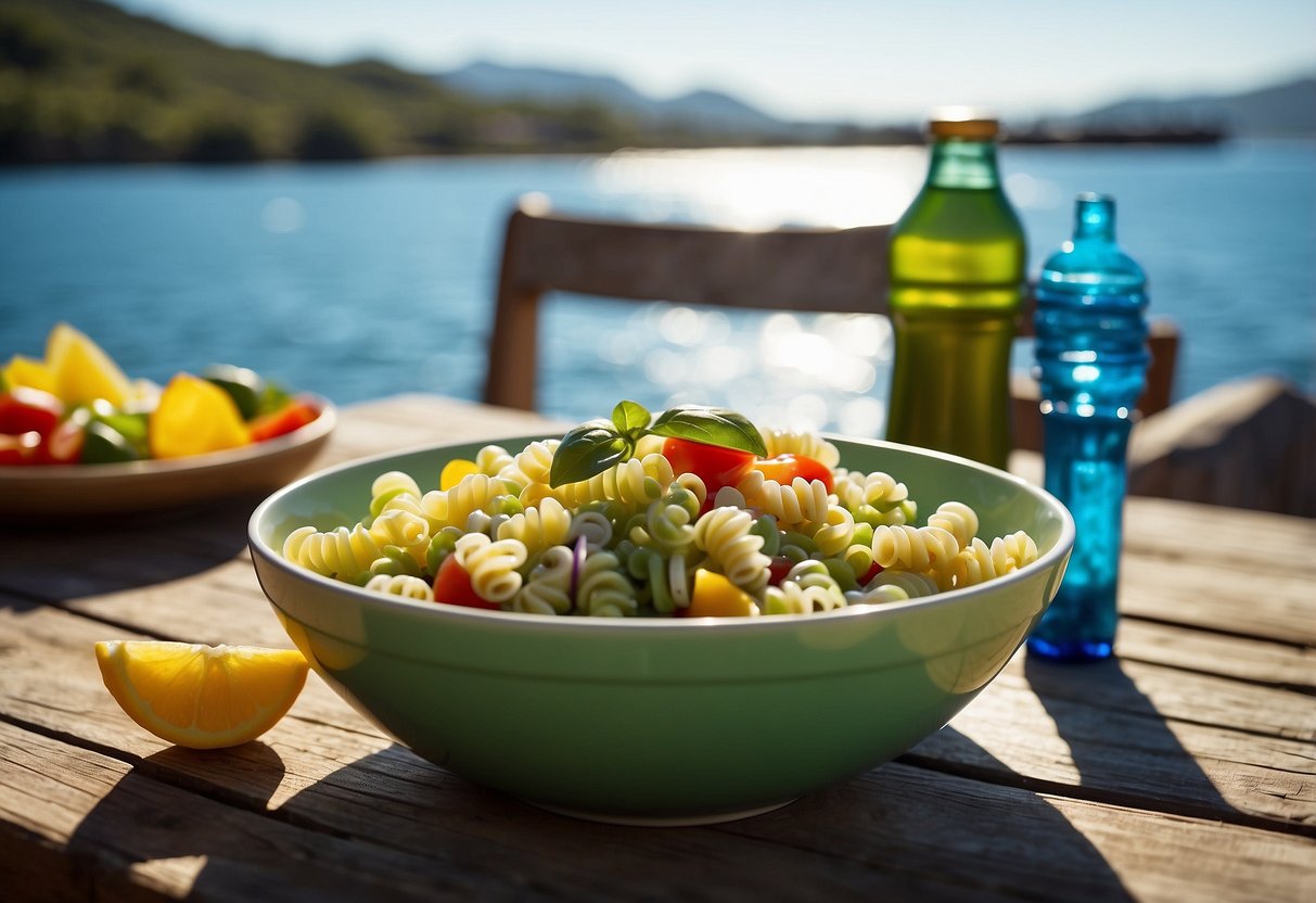 A bowl of cold pasta salad with pesto sits on a picnic table next to a snorkeling gear. The sun shines down on the vibrant dish, highlighting the colorful ingredients