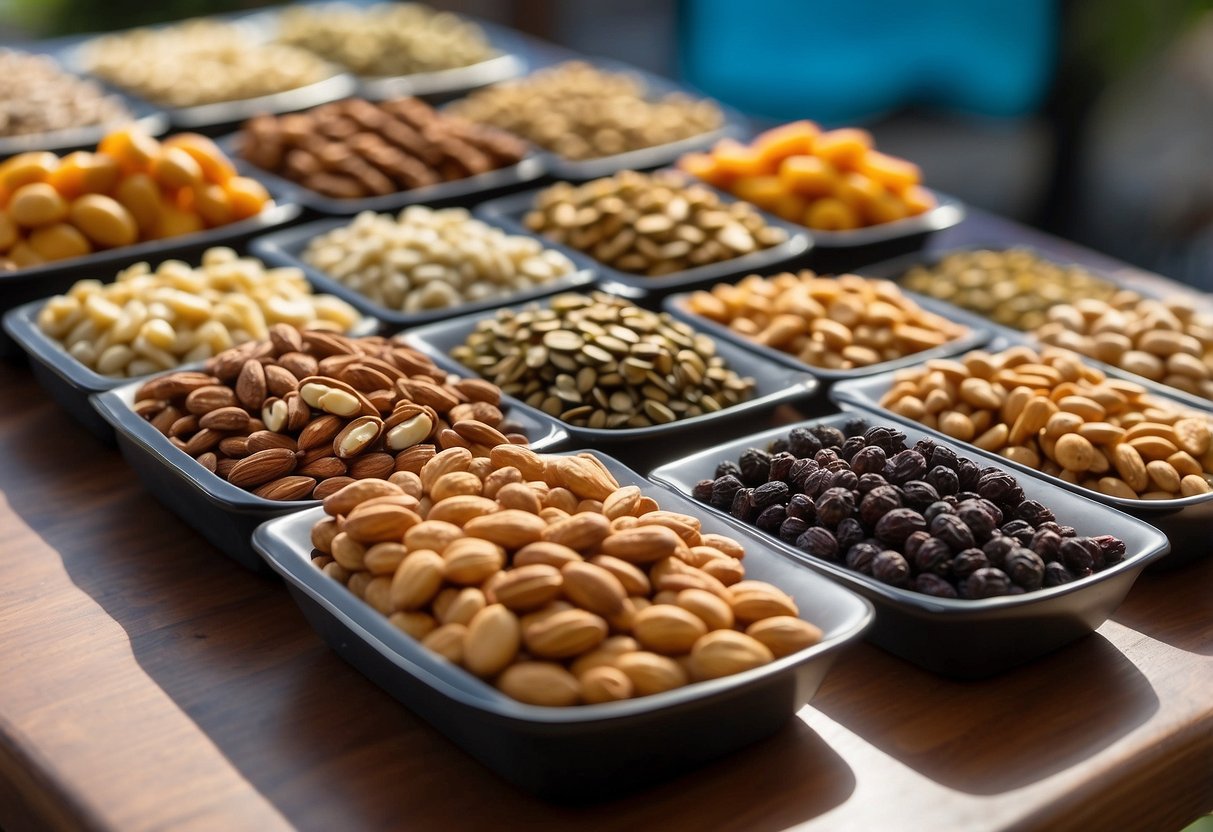 A table displays various energy bars with nuts and seeds, alongside other lightweight and nutritious meal options for snorkeling trips