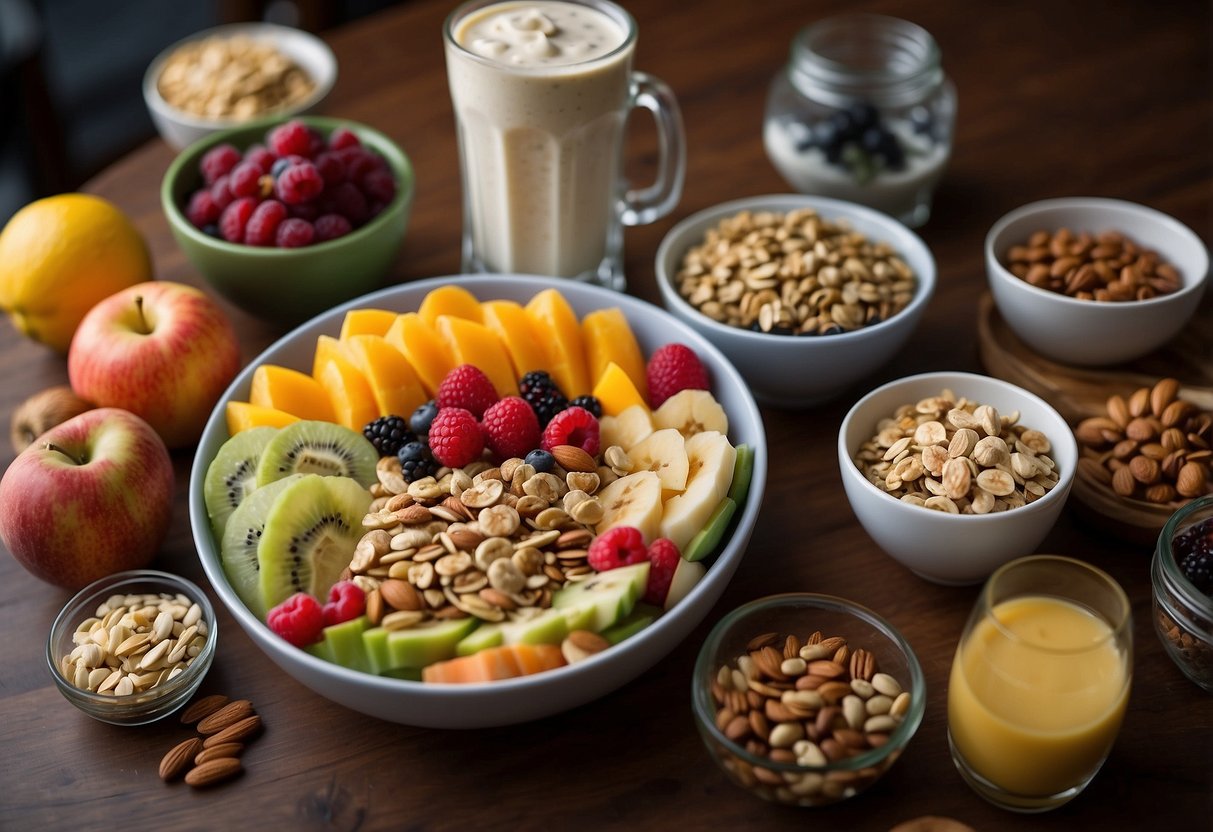 A table with 10 meal ideas: fruit salad, granola bars, trail mix, wraps, sandwiches, energy bars, nuts, dried fruit, veggie sticks, and protein shakes